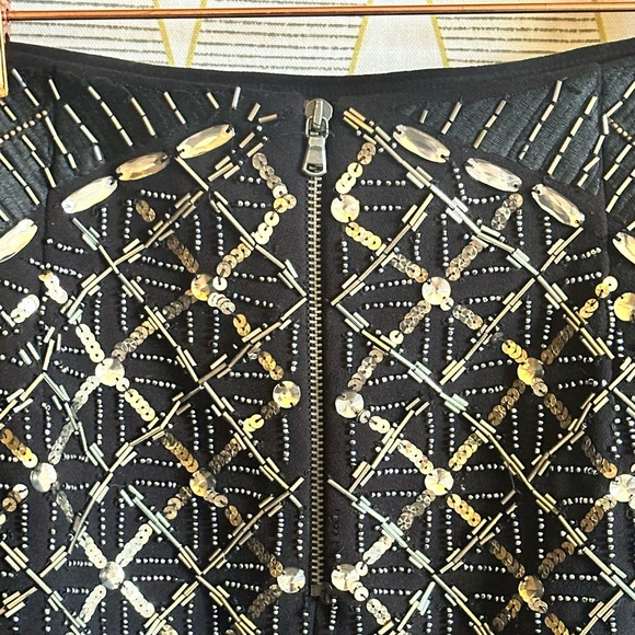 Club Monaco Kaitlin Black w/ Silver Hand Beaded Back Zip Up A Line Mini Skirt. - Picture 8 of 14
